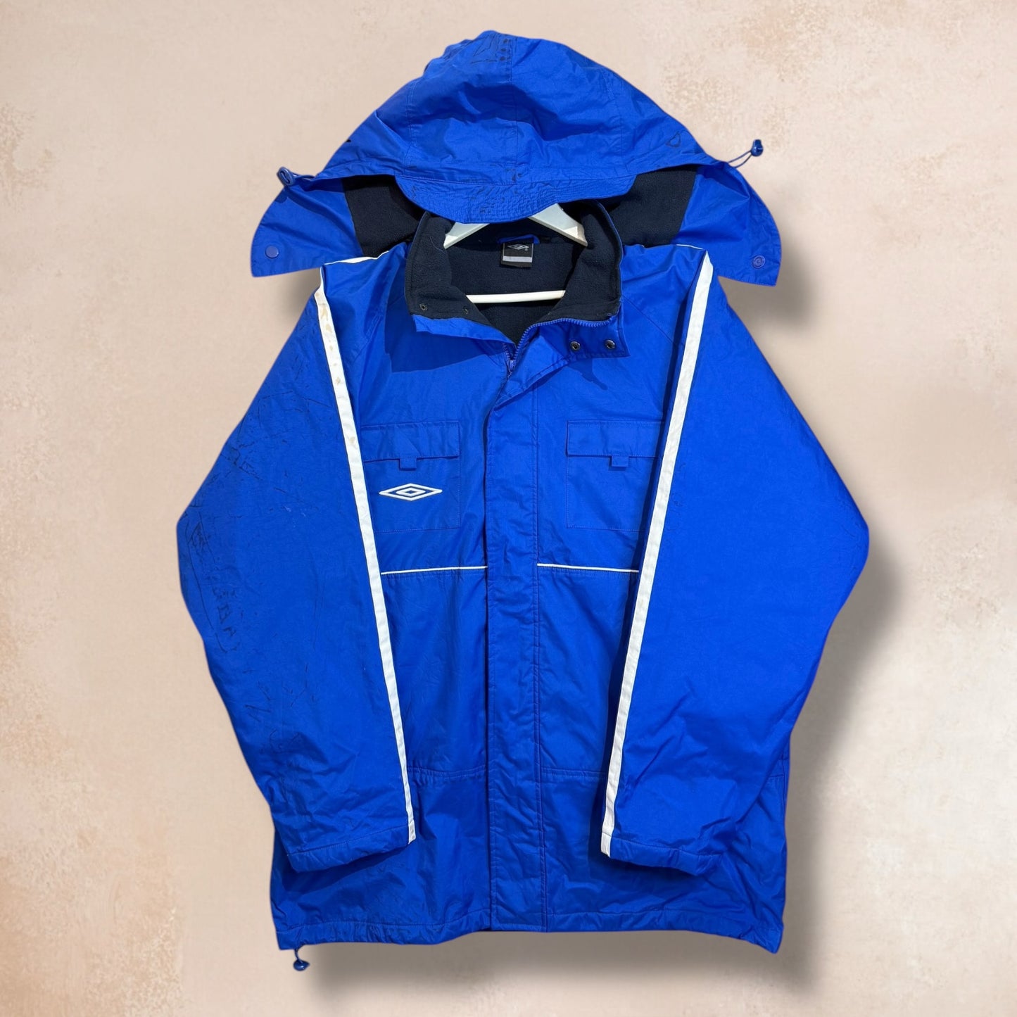 Men’s Vintage Blue Umbro Activewear Trench Coat Hooded Jacket Size XL