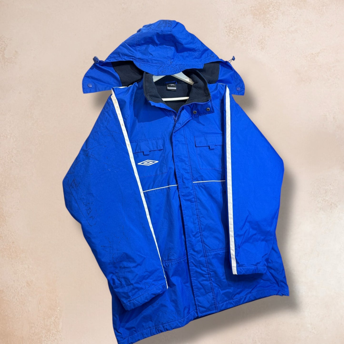 Men’s Vintage Blue Umbro Activewear Trench Coat Hooded Jacket Size XL
