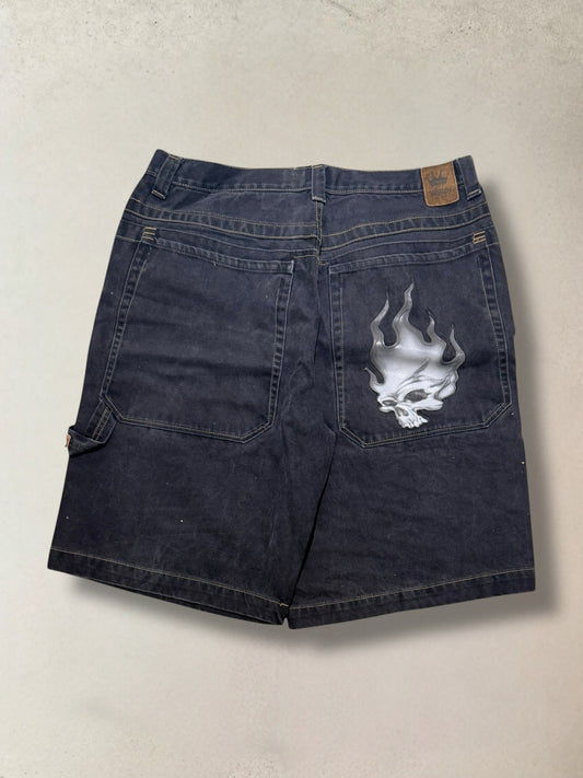 Vintage JNCO Flaming Skull Patched Black Denim Shorts Size 38